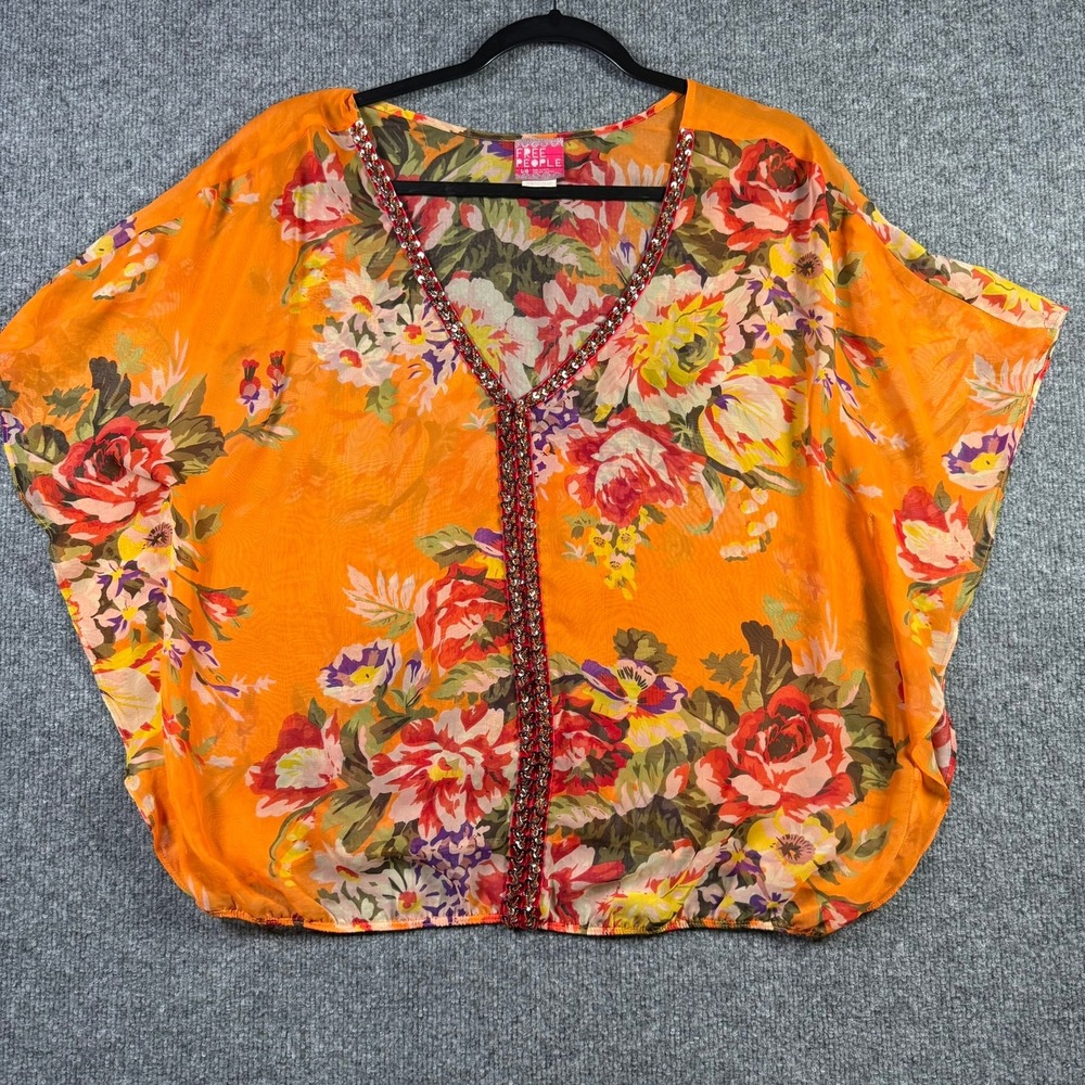 Free People Kaftan Top Womens L-G Orange Floral Beaded Sequin V-Neck Boho
